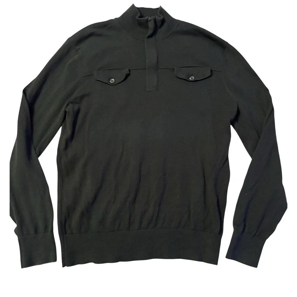 Banana Republic Men's Black Cotton‎ Mock Neck Sweater L Zip Pockets Grandpacore